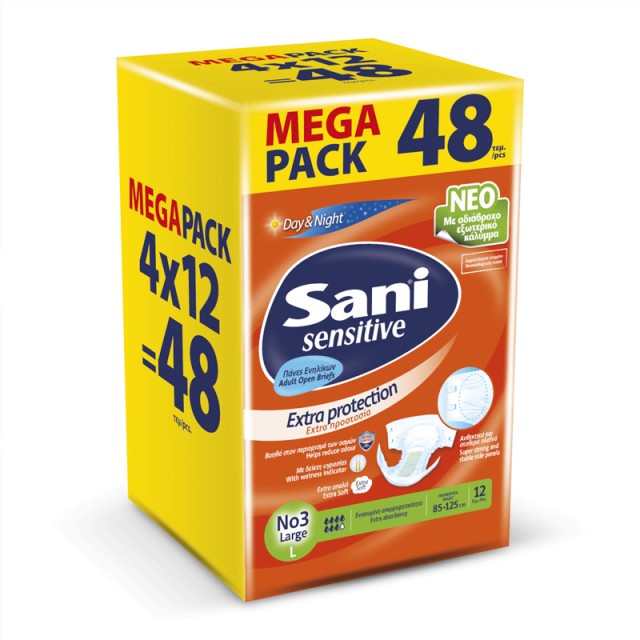 Ανοιχτή πάνα ακράτειας Sani Sensitive Large No3, MEGA PACK, 48τμχ
