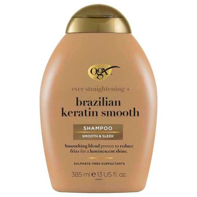 OGX Ever-Straightening & Brazilian Keratin Therapy SLS Free, Σαμπουάν Λείανσης για Σγουρά ή Κυματιστά Μαλλιά χωρίς Θειϊκά Άλατα, 385ml