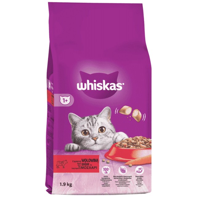 Whiskas Adult, Πλήρης Ξηρά Τροφή για Γάτες Κροκέτες με Μοσχάρι, 1.9kg