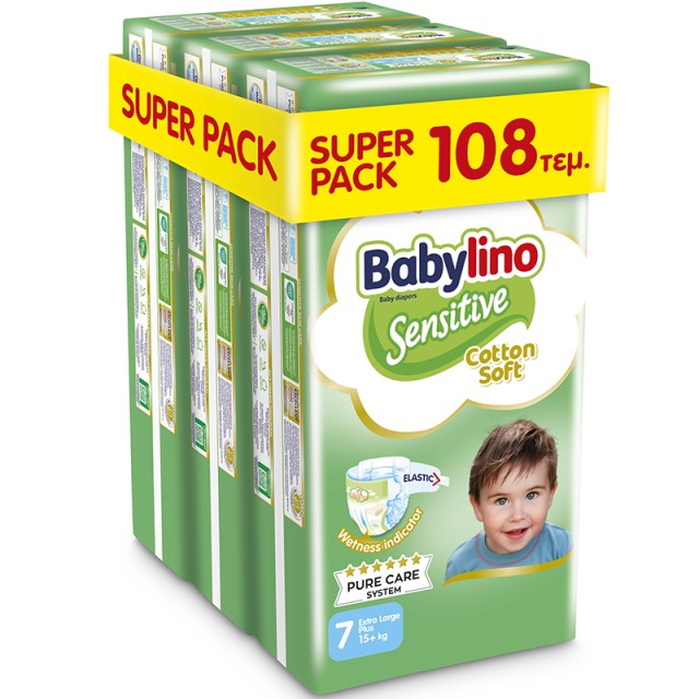 Βρεφική πάνα Babylino Sensitive Cotton Soft No7 15+ Kg, SUPER PACK (3x36τμχ) 108τμχ