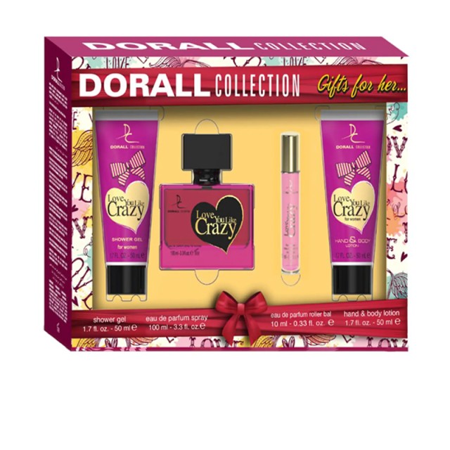Dorall Collections Love You Like Crazy Gift For Her, Σετ Δώρου Γυναικείο Άρωμα Eau De Toilette 100ml & EDT Roller Ball 10ml, Hand & Body Lotion 50ml & Shower Gel 50ml