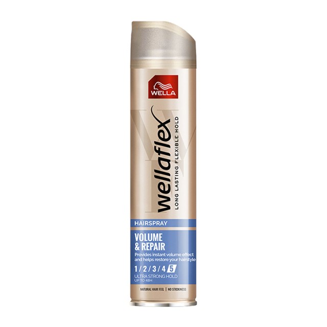 Wellaflex Volume & Repair Ultra Strong Hairspray, Λακ για Πολύ Δυνατό Κράτημα, Προστασία & Όγκο στα Μαλλιά, 250ml