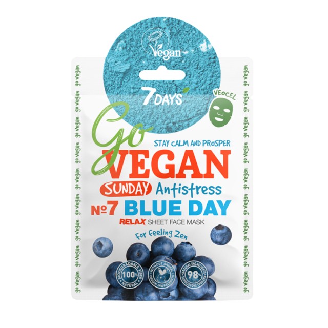 7DAYS GoVegan Sheet Mask Blue Day Sunday, Υφασμάτινη Μάσκα Προσώπου για Φωτεινότητα & Ομοιόμορφη Οψη στην Επιδερμίδα, 25gr
