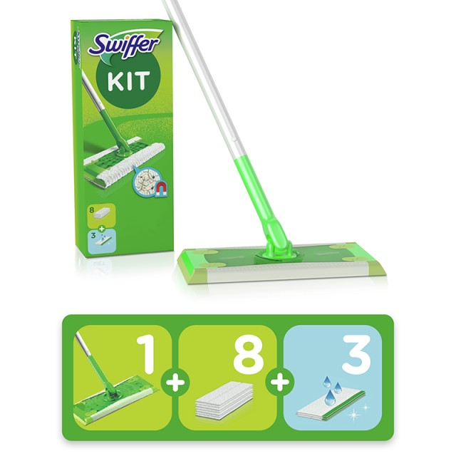 Swiffer Σύστημα Καθαρισμού Dry & Wet. Με 1 έτοιμη Λαβή, 8 Στεγνά Πανάκια & 3 Υγρά Πανάκια