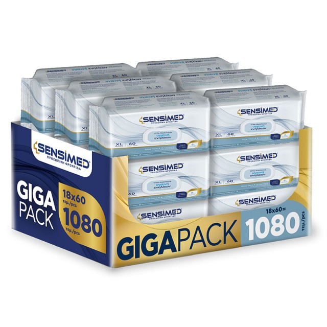 Sensimed Υγρά Μαντήλια Υγιεινής Ενηλίκων XL 28x20cm, με Καπάκι & άρωμα πούδρας (18x60τμχ) 1080τμχ GIGA PACK