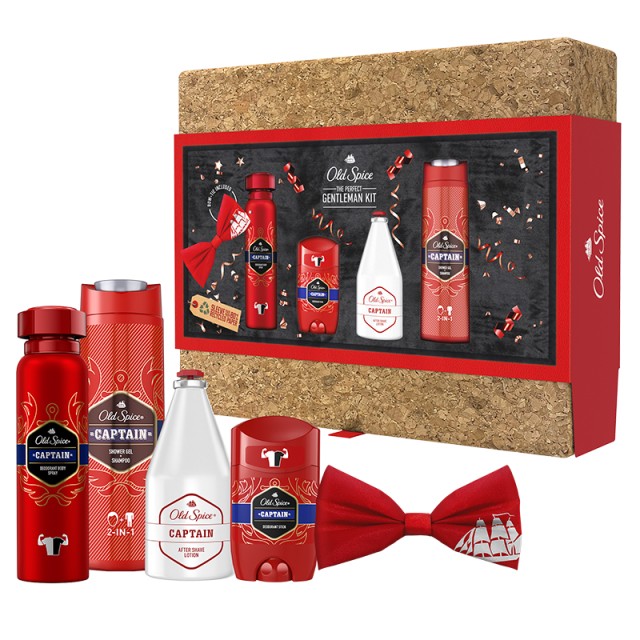 Old Spice Σετ Δώρου Βελούδινο Κουτί Φελλού, Για Άνδρες Με Captain Αποσμητικό Στικ 50ml, Σπρέι 150ml, Αφρόλουτρο 250ml, After-Shave 100ml Και Old Spice παπιγιόν.